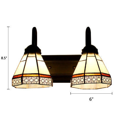 Tiffany Beige Glass Cone Sconce Light Fixture - Wall Mounted Black 2-Headed Lighting