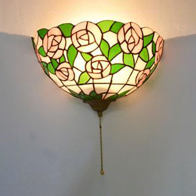 Stained Glass Tiffany Wall Sconce Light With Pink Rose And Green Leaf Pattern Pull Chain Mount