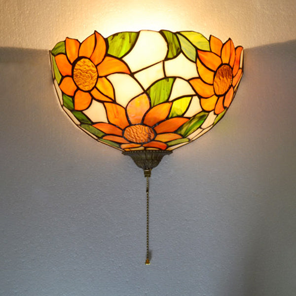 Stained Glass Sunflower Wall Sconce Light - Retro Loft Style With Pull Chain Orange And Green