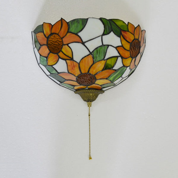 Stained Glass Sunflower Wall Sconce Light - Retro Loft Style With Pull Chain Orange And Green