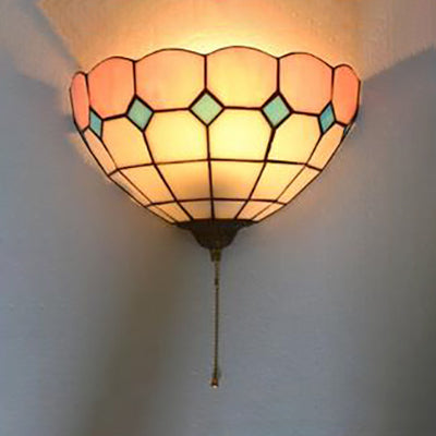 Stained Glass Wall Sconce With Pull Chain - Pink And White Bowl Design 1 Bulb Tiffany Light