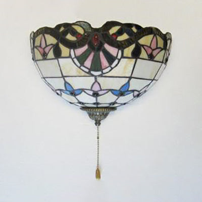 Rustic Stained Glass Wall Mount Light: Hemisphere Fixture With Pull Chain Ideal For Bedside