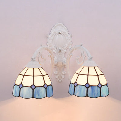 Nautical Dome Stained Glass Wall Sconce With 2 Lights - White Bedroom Lighting Blue
