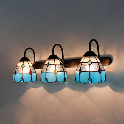 Dome Sconce Tiffany Beige/Blue/Clear Glass Wall Mount Light Fixture With Agate Decoration - 3 Heads