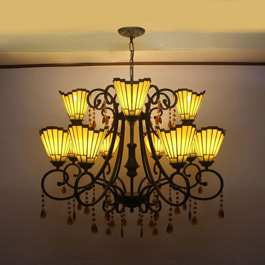 Country Geometric Stained Glass Chandelier With Crystal Pendants - 11 Lights Yellow
