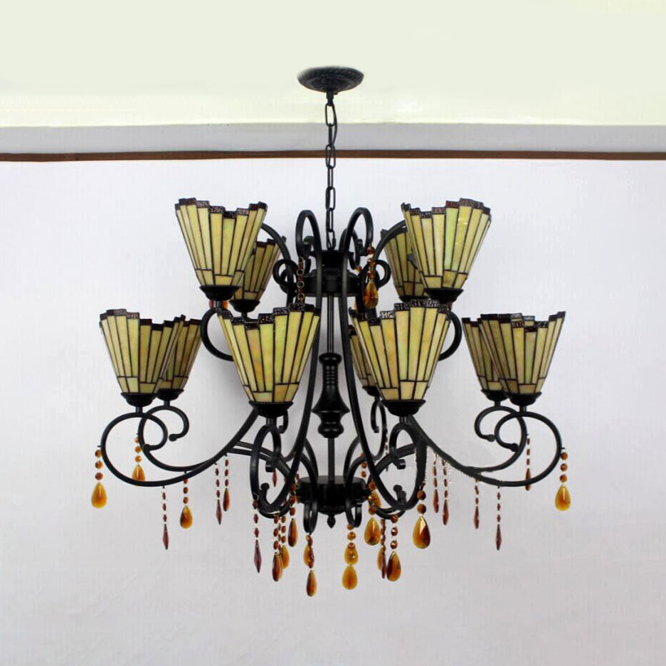 Country Geometric Hanging Pendant Stained Glass Chandelier - 11 Lights, Crystal Pendants - Yellow