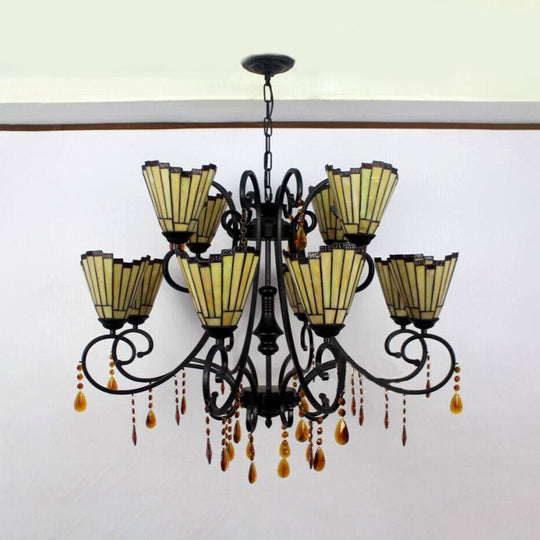 Country Geometric Stained Glass Chandelier With Crystal Pendants - 11 Lights Yellow