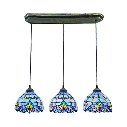 Victorian Stained Glass Pendant Light - White/Blue Linear/Round Design 3 Heads Ideal For Dining Room