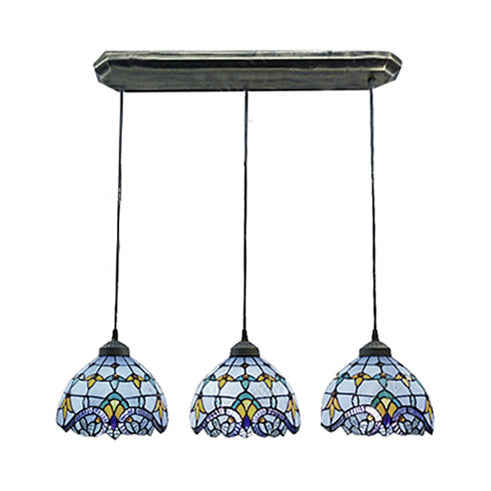 Victorian Stained Glass Pendant Light - White/Blue Linear/Round Design 3 Heads Ideal For Dining Room