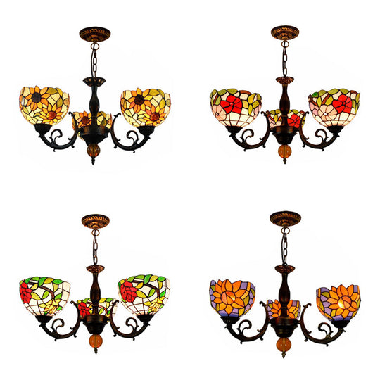 Colorful Stained Glass Bowl Chandelier Light In Retro Style Brass - Flower Design 3 Bulbs