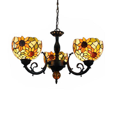 Colorful Stained Glass Bowl Chandelier Light In Retro Style Brass - Flower Design 3 Bulbs