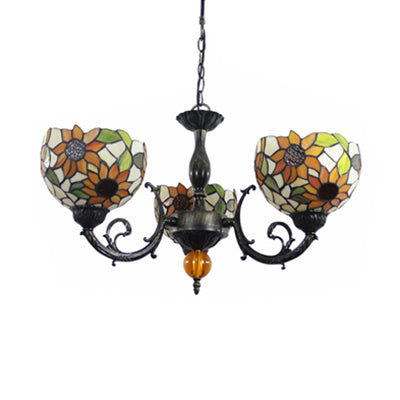 Colorful Stained Glass Bowl Chandelier in Retro Brass: Flower Pattern, 3 Bulbs, Vibrant Lighting