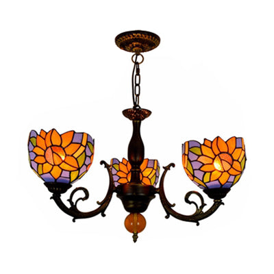 Colorful Stained Glass Bowl Chandelier in Retro Brass: Flower Pattern, 3 Bulbs, Vibrant Lighting