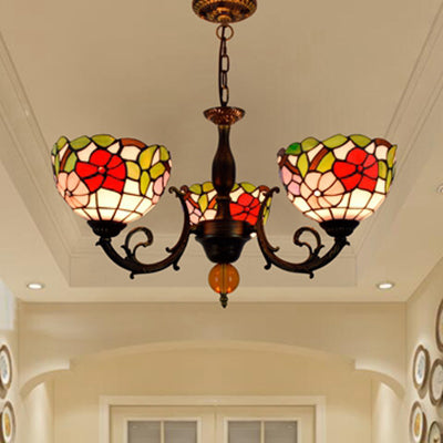 Colorful Stained Glass Bowl Chandelier Light In Retro Style Brass - Flower Design 3 Bulbs /