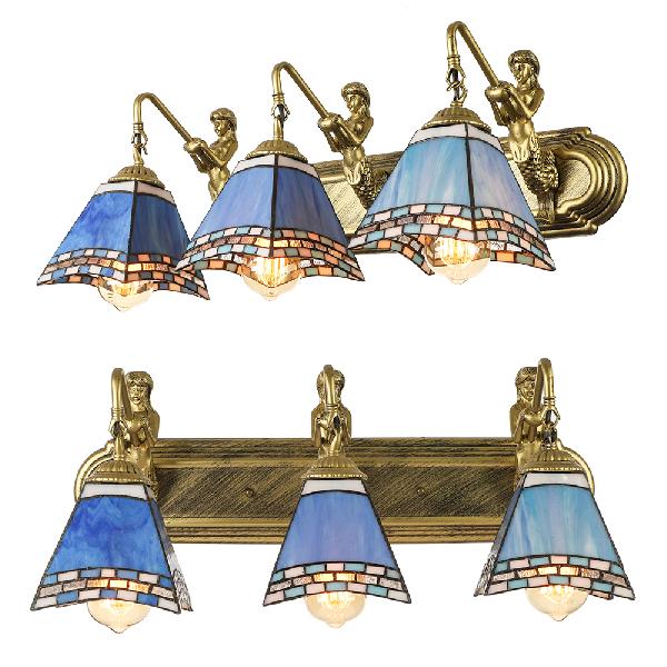Trapezoid Stained Glass Wall Light With 3 Heads For Mediterranean Living Room Blue