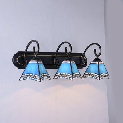 3-Head Blue Glass Mediterranean Pyramid Wall Light With Scrolling Arm - Elegant Sconce Fixture