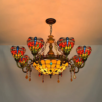 Multicolor Stained Glass Bowl-Shaped Hanging Light: Rustic 9-Light Chandelier with Crystal - Ideal for Bedroom Decor