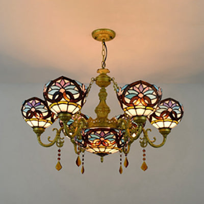 Rustic 7-Light Stained Glass Chandelier with Blue Crystal Pendant for Bedroom