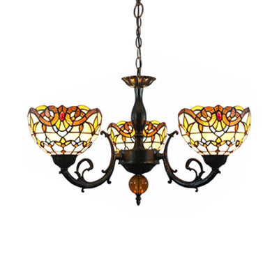 Vintage Stained Glass Chandelier with 3 Lights and Chain - Beige Bowl Shade, Perfect for Bedroom Lighting