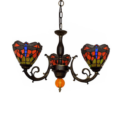 Vintage Industrial Dragonfly Stained Glass Chandelier with 3 Red Conic Hanging Lights