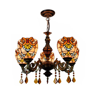 Retro Stained Glass Bowl Chandelier With Crystal Accent - 5 Lights For Bedroom Pendant