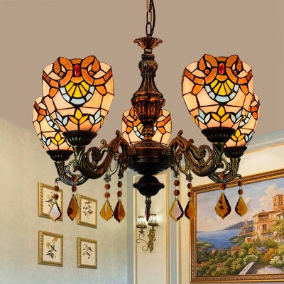 Retro Stained Glass Bowl Chandelier with Crystal Pendant - 5 Lights for Bedroom