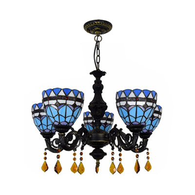 Retro Stained Glass Chandelier Light | Domed Design | 5 Tulip Lights with Crystal Accents in Blue