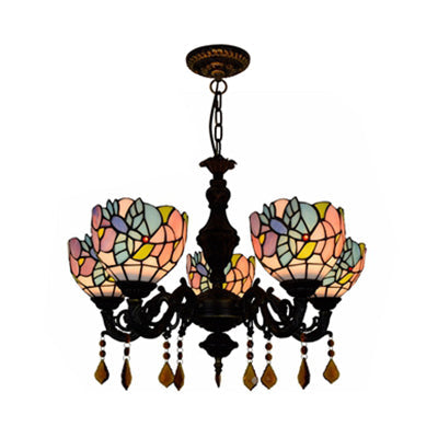 Country Scalloped Stained Glass Chandelier - 5-Head Multicolored Lighting Fixture for Living Room