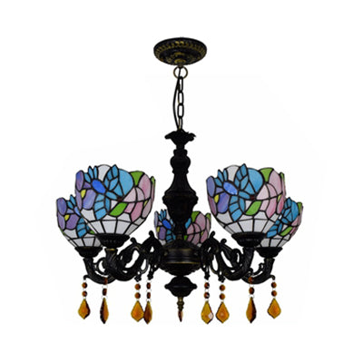Country Scalloped Stained Glass Chandelier - 5-Head Multicolored Lighting Fixture for Living Room