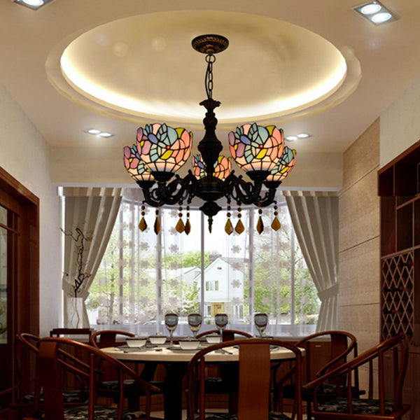 Scalloped Stained Glass Chandelier With 5 Multicolored Heads - Country-Style Hanging Light For