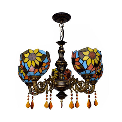 Lodge Dome Hanging Sunflower Chandelier With Crystal - Stained Glass 5 Heads Ideal For Living Room