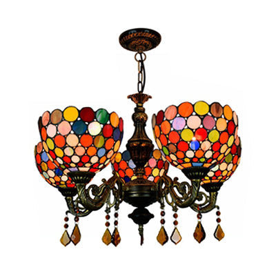 Stained Glass Retro Bowl Chandelier with 5 Hanging Heads for Dining Room Decor