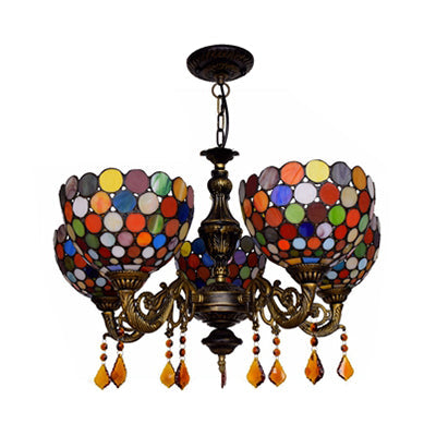 Vintage Stained Glass Chandelier - Retro Bowl Design With 5 Hanging Lamps For Dining Room Décor