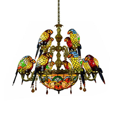 12 Arms Parrot Suspension Light Rustic Stained Glass Chandelier Light with Center Bowl in Yellow