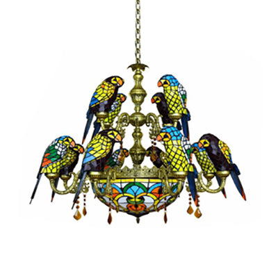 Rustic Stained Glass Chandelier Light: 12-Arm Parrot Suspension with Yellow Center Bowl