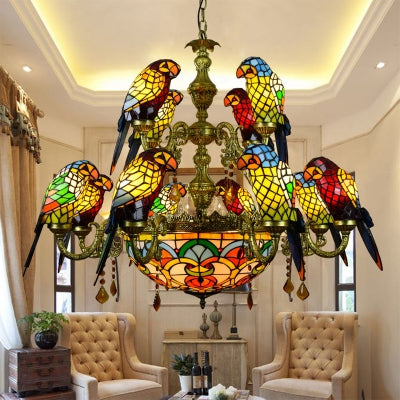 12 Arms Parrot Suspension Light Rustic Stained Glass Chandelier Light with Center Bowl in Yellow