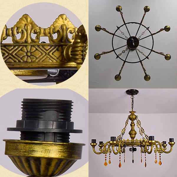 Rustic Stained Glass Chandelier with 8 Arms and Center Bowl, Yellow for Villas