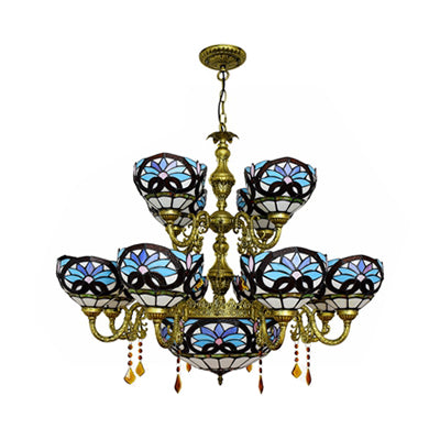Rustic Blue Stained Glass Chandelier - Inverted Bowl Design with 15 Heads for Living Room