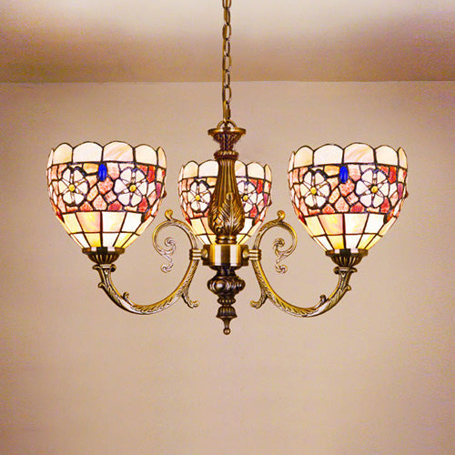 Retro Stained Glass Flower Chandelier with Chain - Perfect for Bedroom Lighting