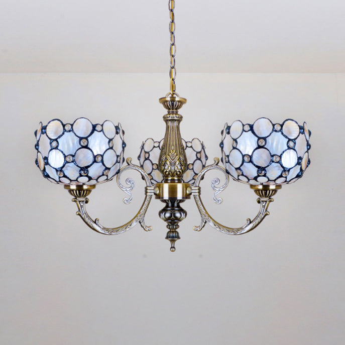 White Tiffany Style Stained Glass Chandelier- 3 Light Bowl Suspension for Living Room