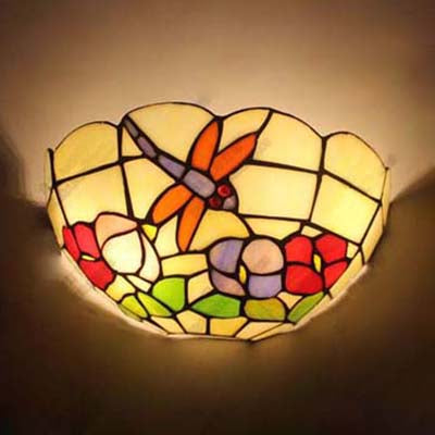Dragonfly And Flower Art Glass Wall Sconce For Bedroom - Country Style Bowl Light With 2 Lights