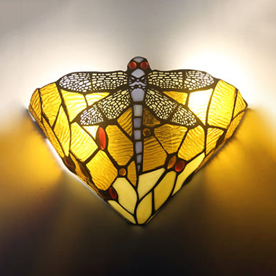 Rustic Stained Glass Dragonfly Decoration Wall Sconce Lamp Art Deco Style Tan