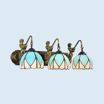 Blue Glass Mermaid Sconce Lighting - 3-Head Mediterranean Dome Wall Light Fixture