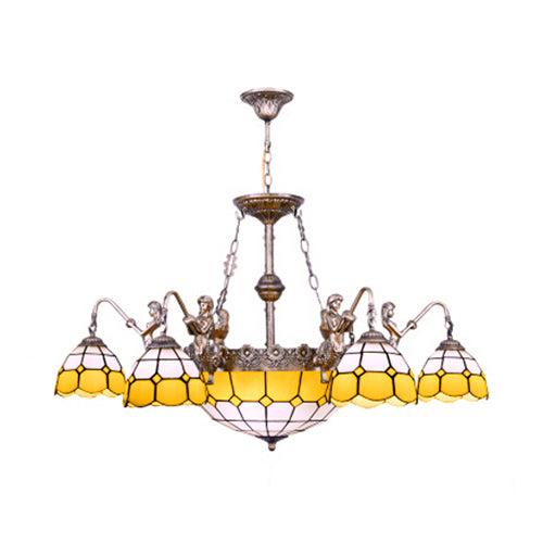 9-Light Tiffany Stained Glass Chandelier In Yellow For Dining Room Décor