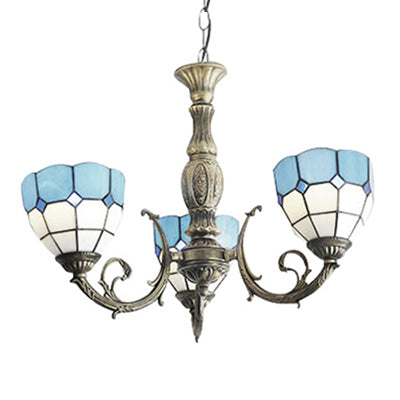 Blue Tiffany Stained Glass 3-Light Chandelier with Bowl Shade