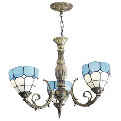 Tiffany Stained Glass Blue Chandelier - 3-Light Fixture With Bowl Shades