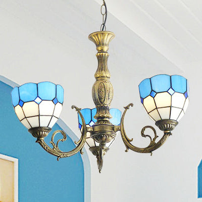 Tiffany Stained Glass Blue Chandelier - 3-Light Fixture With Bowl Shades