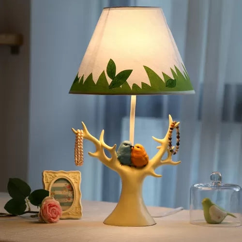 Blue Grass Desk Light: Rustic Resin Lamp For Kids Bedroom - Bird & Tree Design 1-Bulb