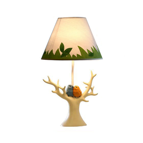 Blue Grass Desk Light: Rustic Resin Lamp For Kids Bedroom - Bird & Tree Design 1-Bulb Green