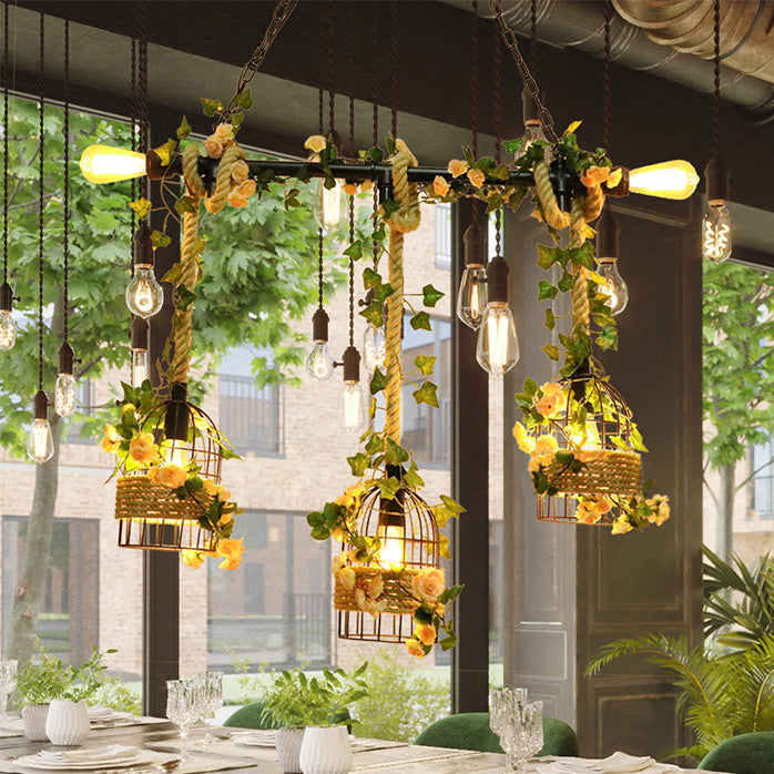 Vintage Metal Island Light With Birdcage Design 5 Bulbs And Hemp Rope Ideal For Restaurants Pendant